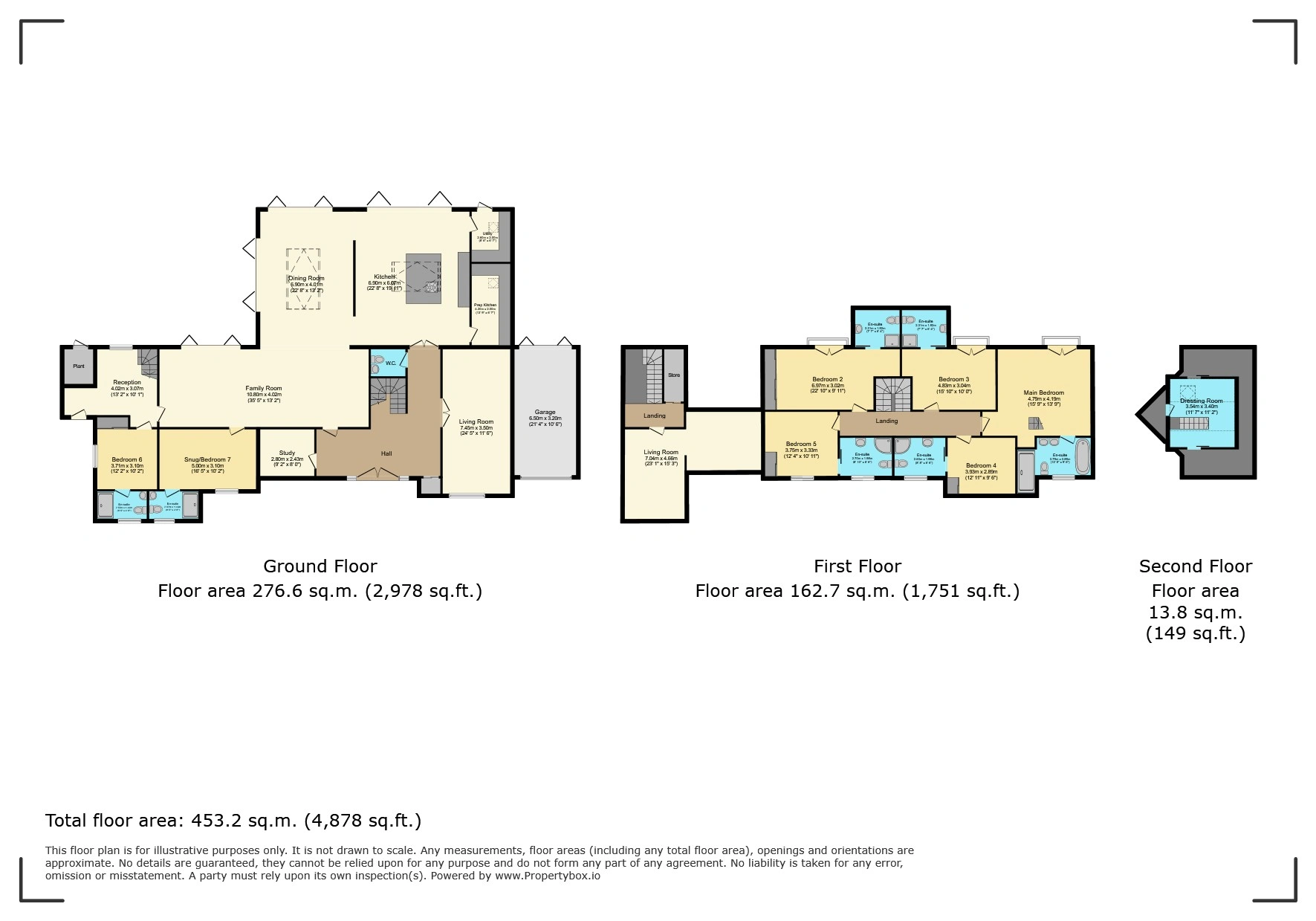 The Hollies floorplan showing ground floor, first floor and upper dressing room